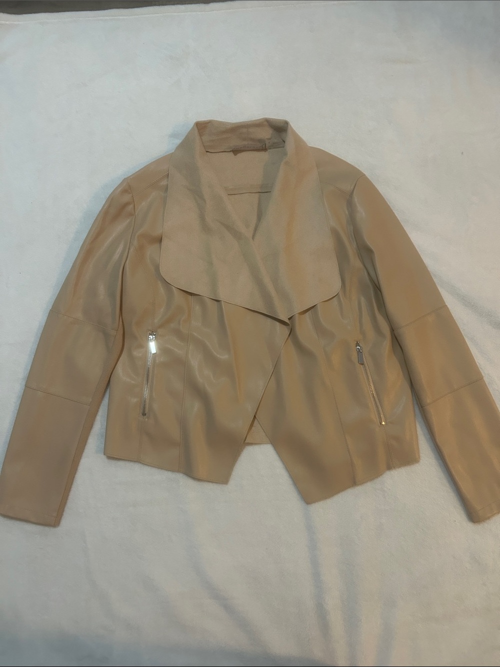 bagatelle Women’s Beige Faux Leather Draped Open-Front Jacket Size Large